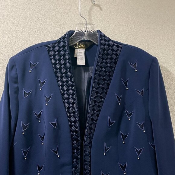 ELITE CHAMPAGNE Rare Find Vintage Blazer Embroider Cutouts Rhinestones, Navy -12 - Picture 8 of 11
